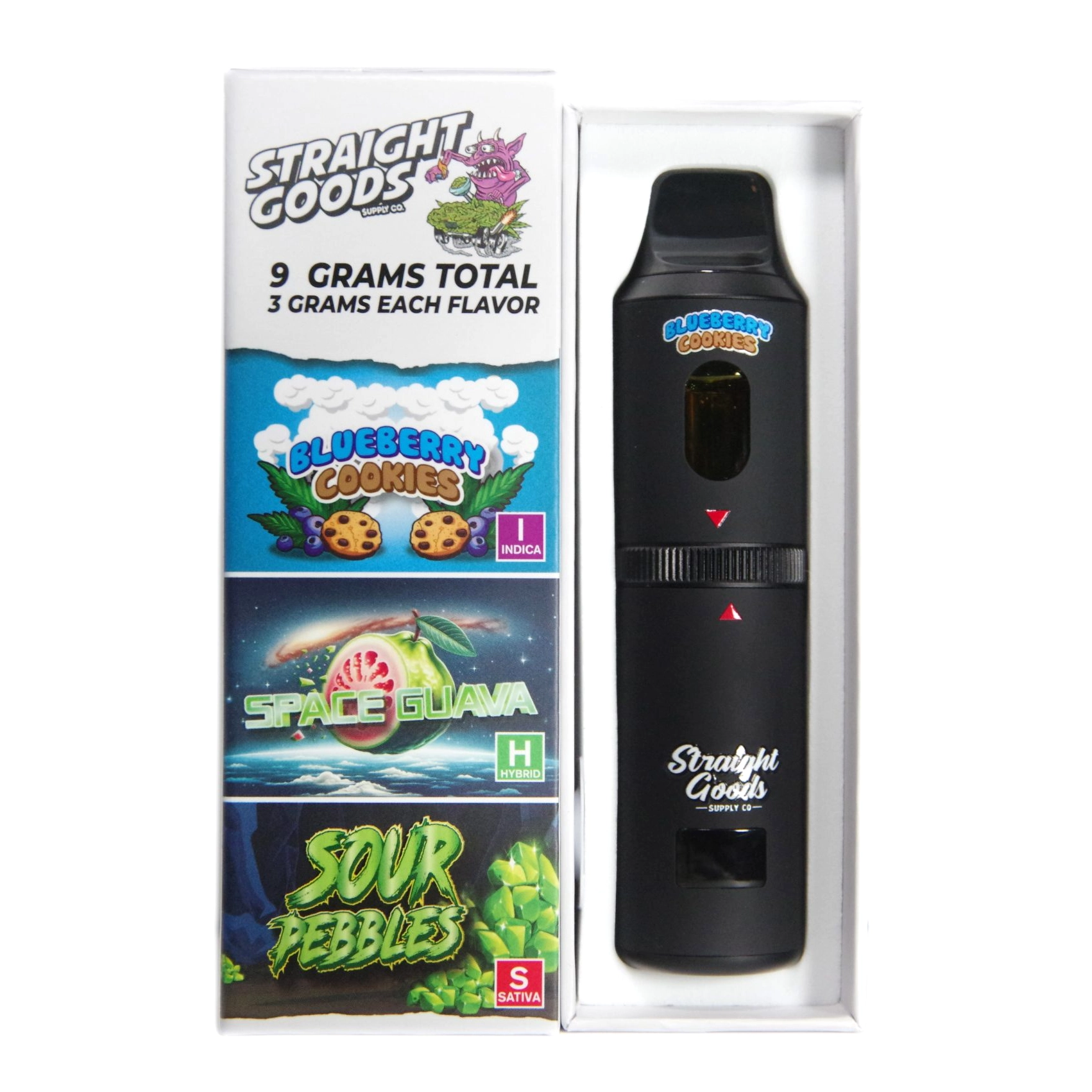 Straight Goods Supply Co Triple Chamber THC Vape Pen Blueberry Cookies Space Guava Sour Pebbles