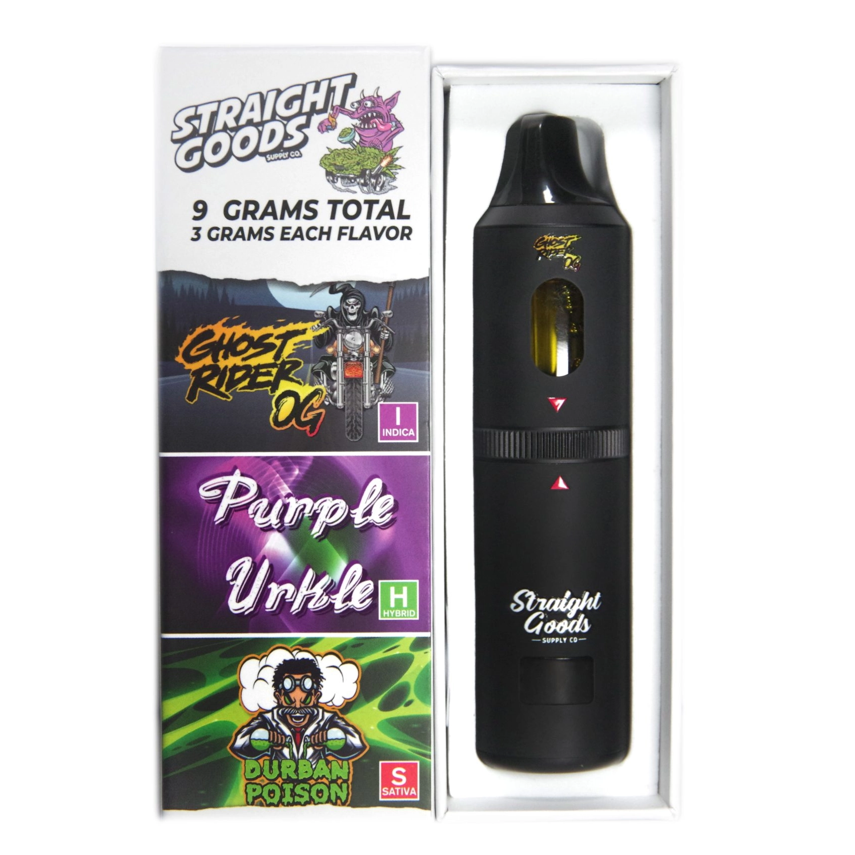 Straight Goods Supply Co Triple Chamber THC Vape Pen Ghost Rider OG Purple Urkle Durban Poison