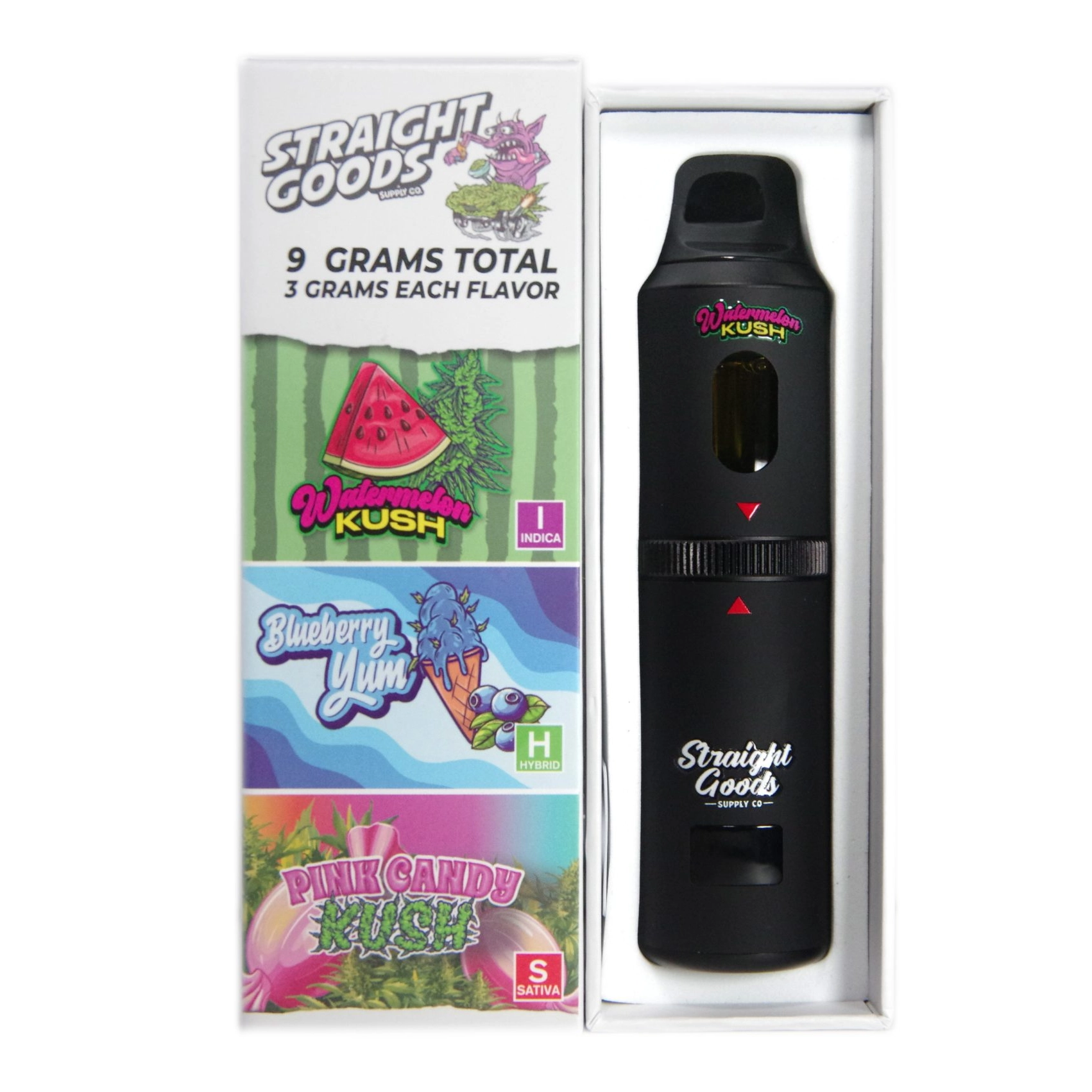 Straight Goods Supply Co Triple Chamber THC Vape Pen Watermelon Kush Blueberry Yum Pink Candy Kush